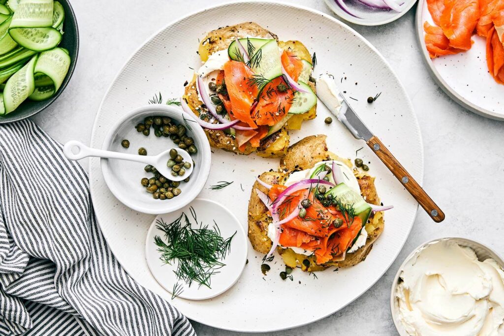 Smashed Potatoes Everything Bagel With Smoked Salmon