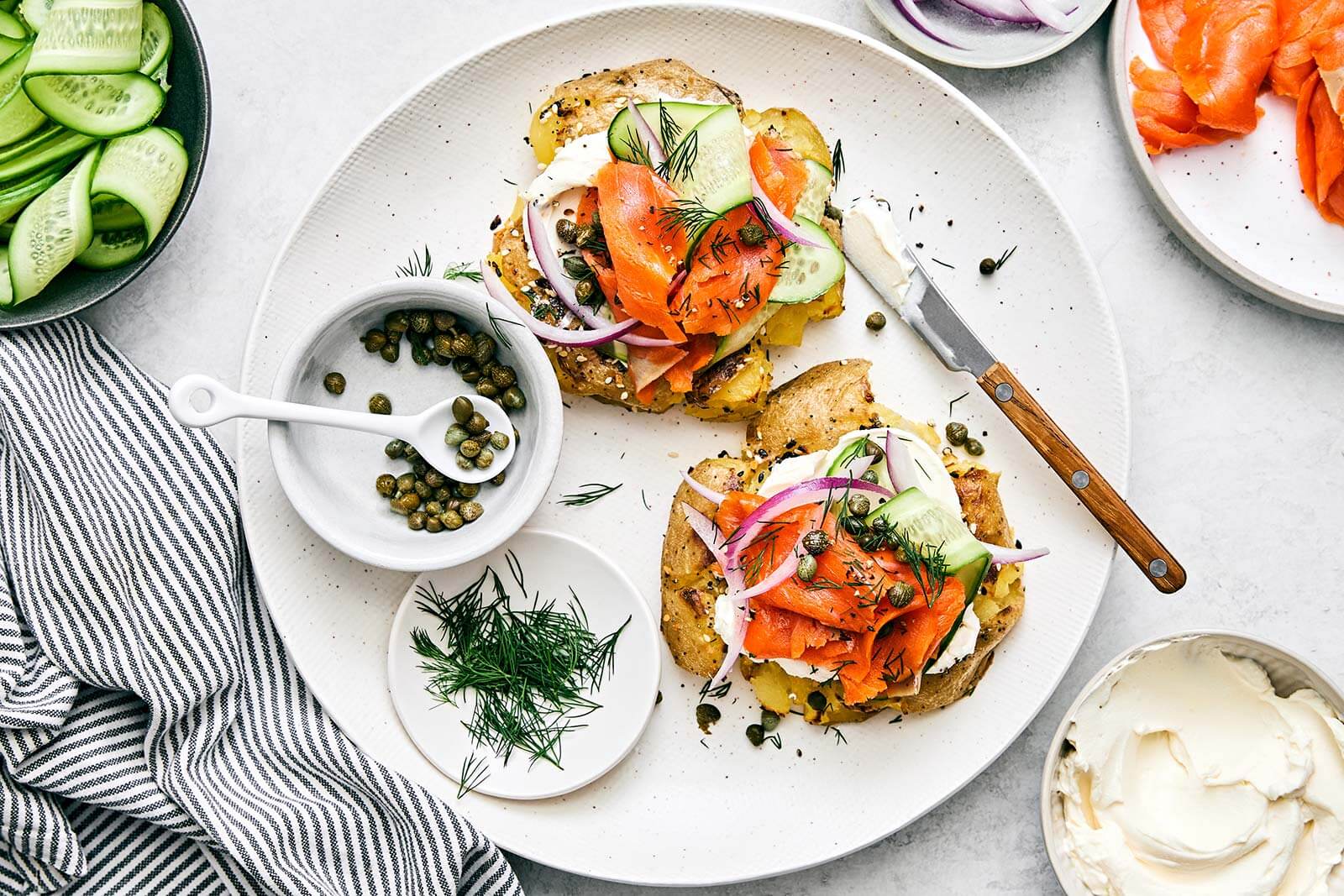 Smashed Potatoes Everything Bagel With Smoked Salmon