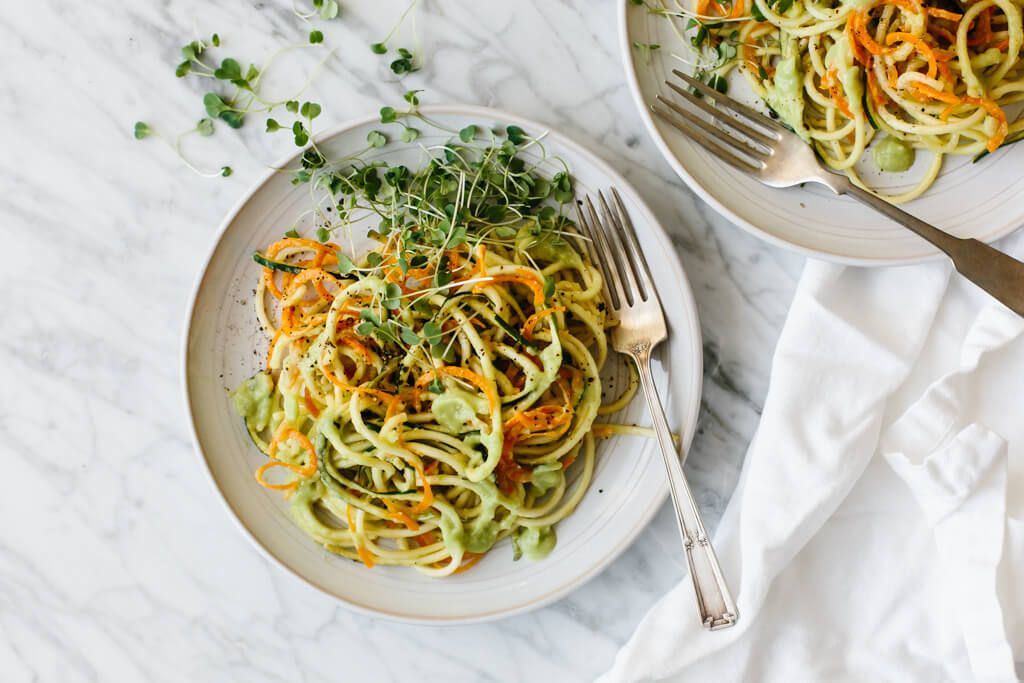 Carrot and Zucchini Pasta with Avocado Cucumber Sauce