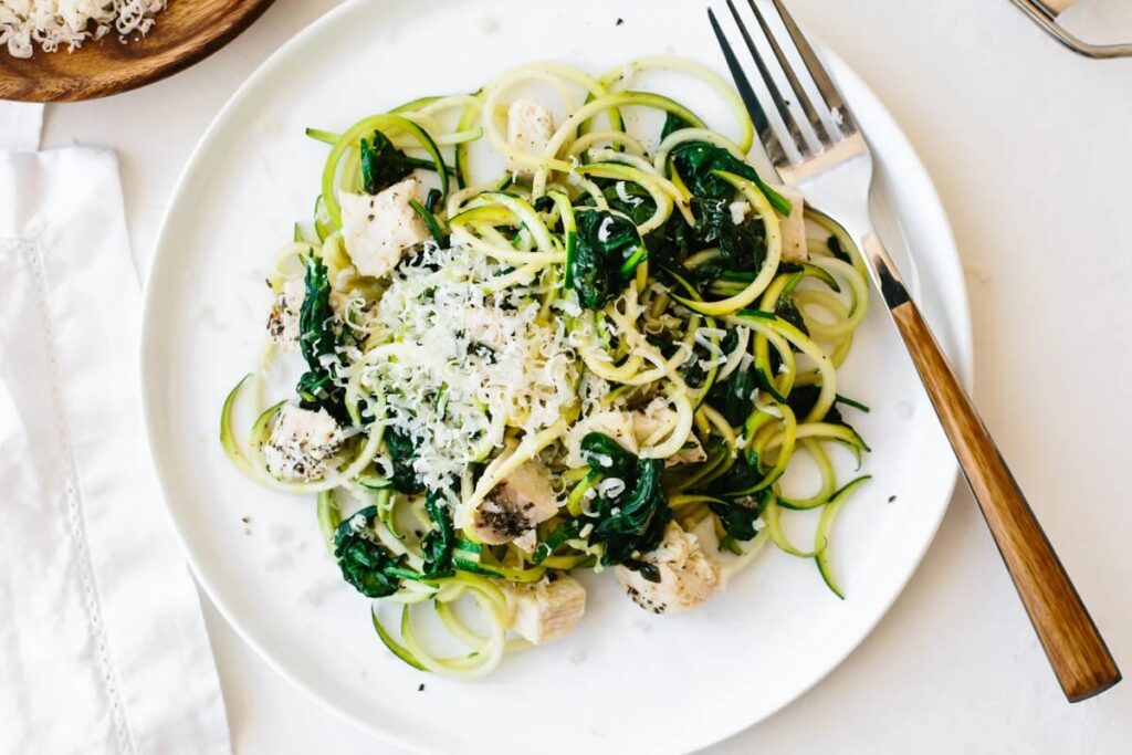 Zucchini Noodles with Chicken, Spinach and Parmesan